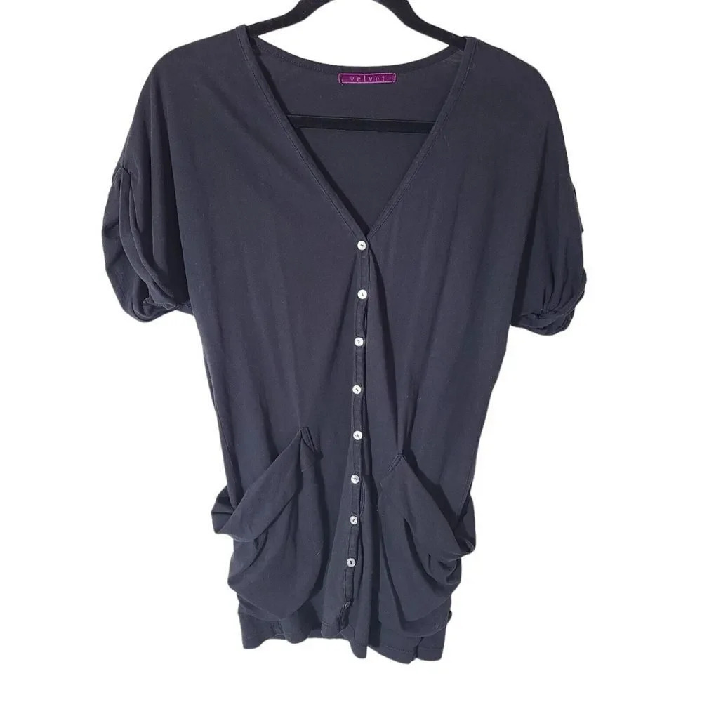 Velvet size Small Cotton button front jersey shirt top Pockets Black